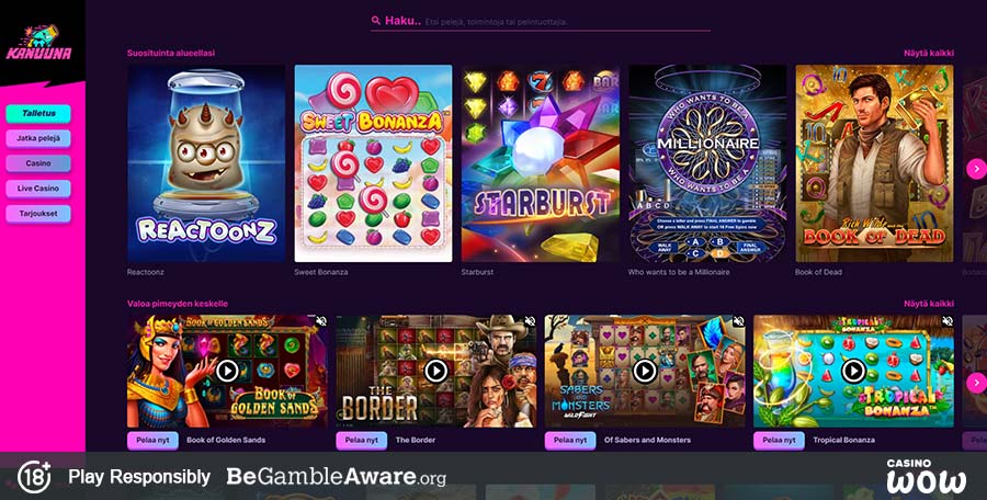 Kanuuna Casino suosittuja pelejä ja valittujen slottien bonuskelpoisuus