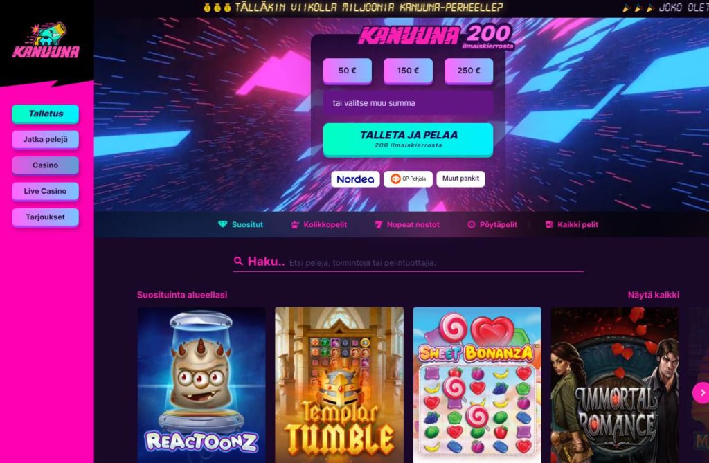 Kanuuna Casino pelintarjoajien esittelysivu neonkorostuksilla